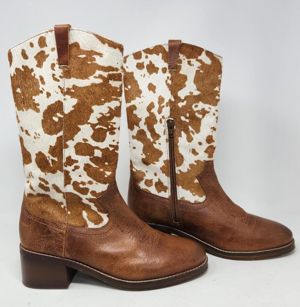 MYRA HAIR ON LEATHER POINTY BEIGE COWBOY BOOTS cowhide/fur Womens 9